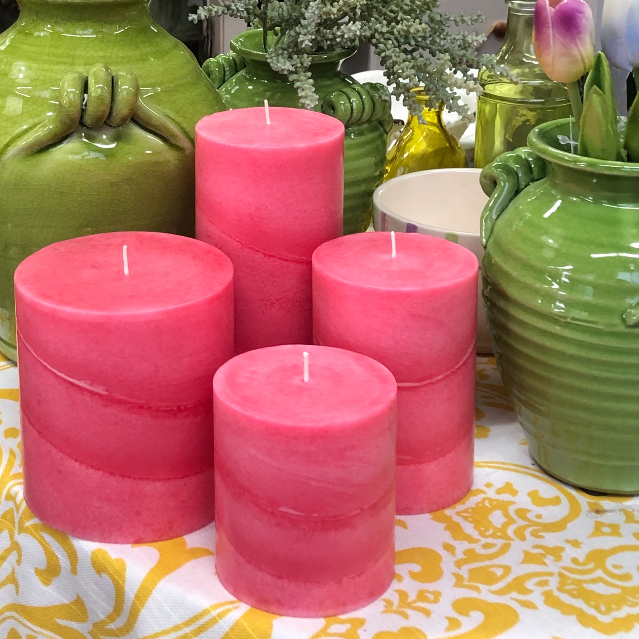 Green, Pink Swirl Pillar Candles, Candle Decor, Decorative Candles